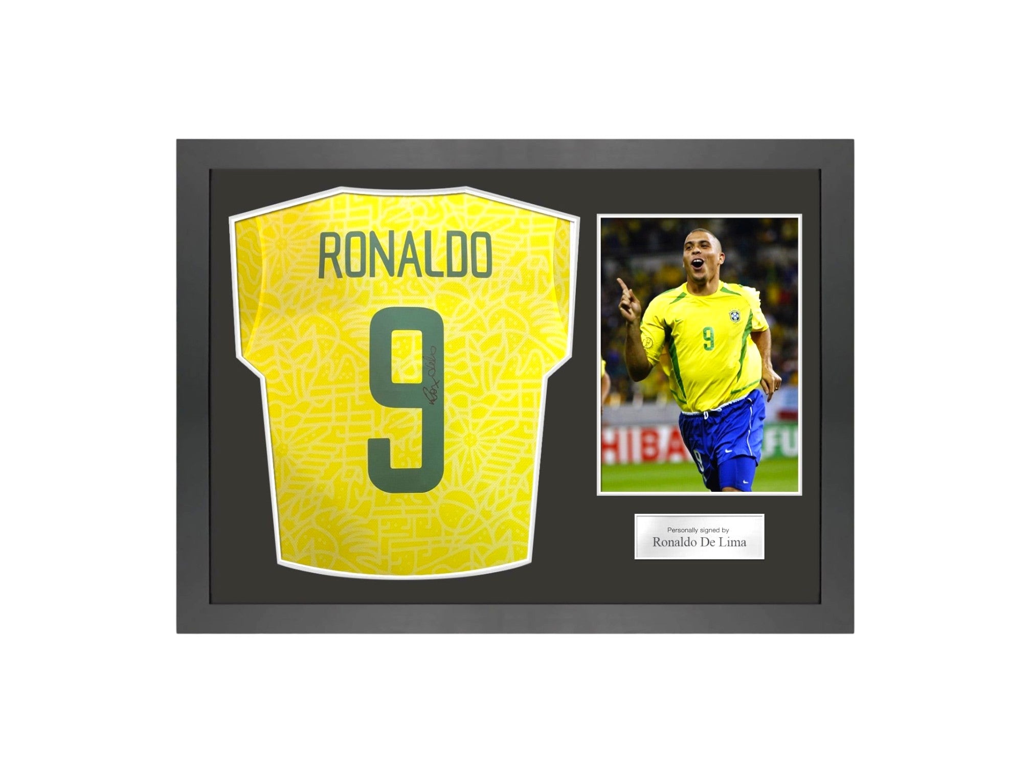 Ingelijst gesigneerd Brazilië voetbalshirt van Ronaldo de Lima met foto