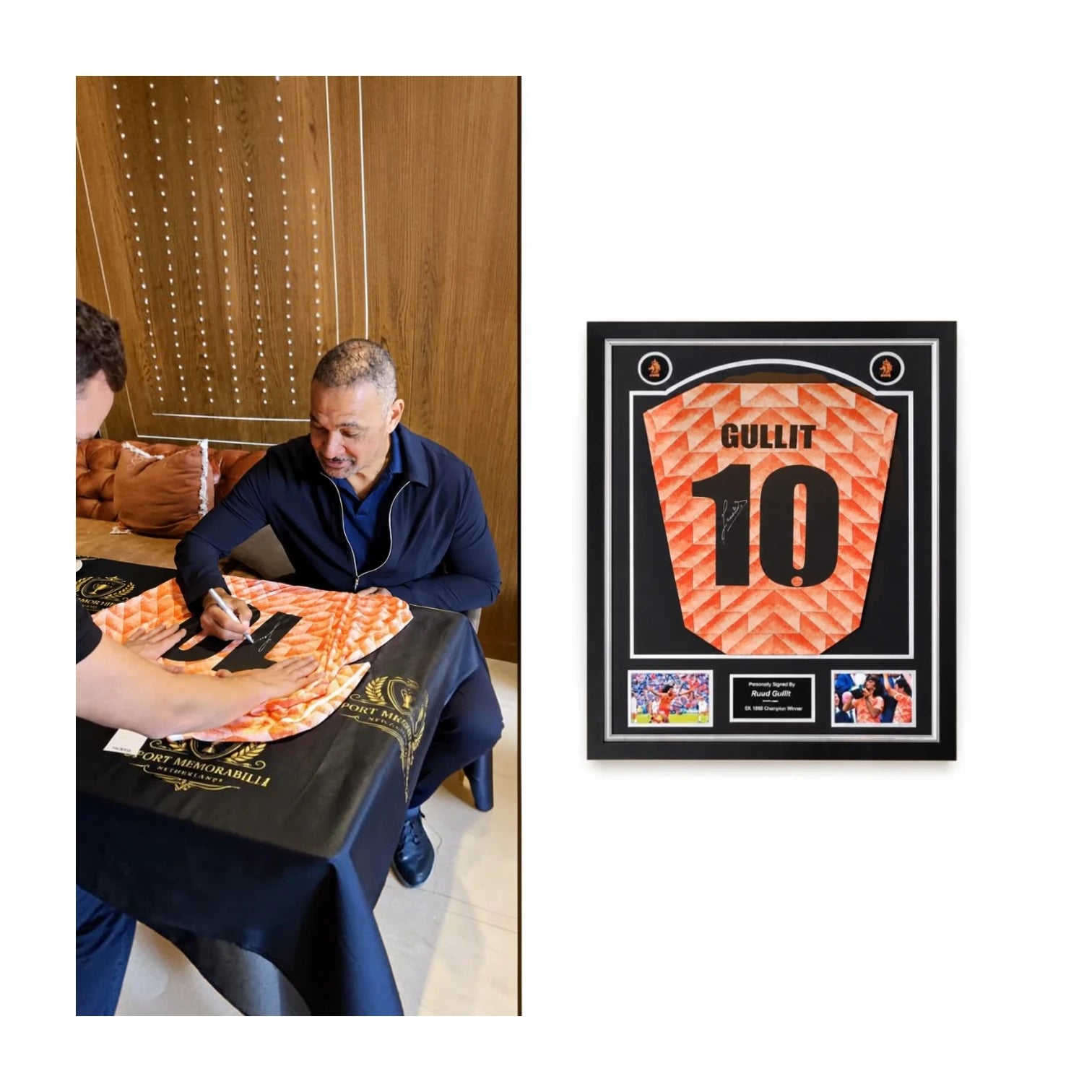 Ruud Gullit signeert Nederland nummer 10 voetbalshirt naast het deluxe ingelijste gesigneerde shirt.