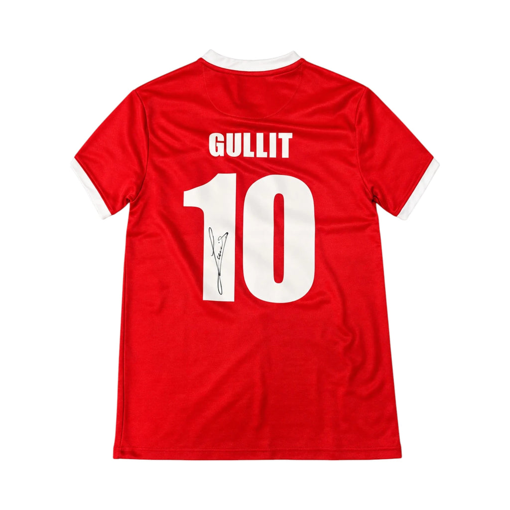 Achterkant van een rood PSV 1986 replica nummer 10 voetbalshirt gesigneerd door Ruud Gullit.