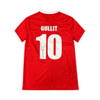 Achterkant van een rood PSV 1986 replica nummer 10 voetbalshirt gesigneerd door Ruud Gullit.