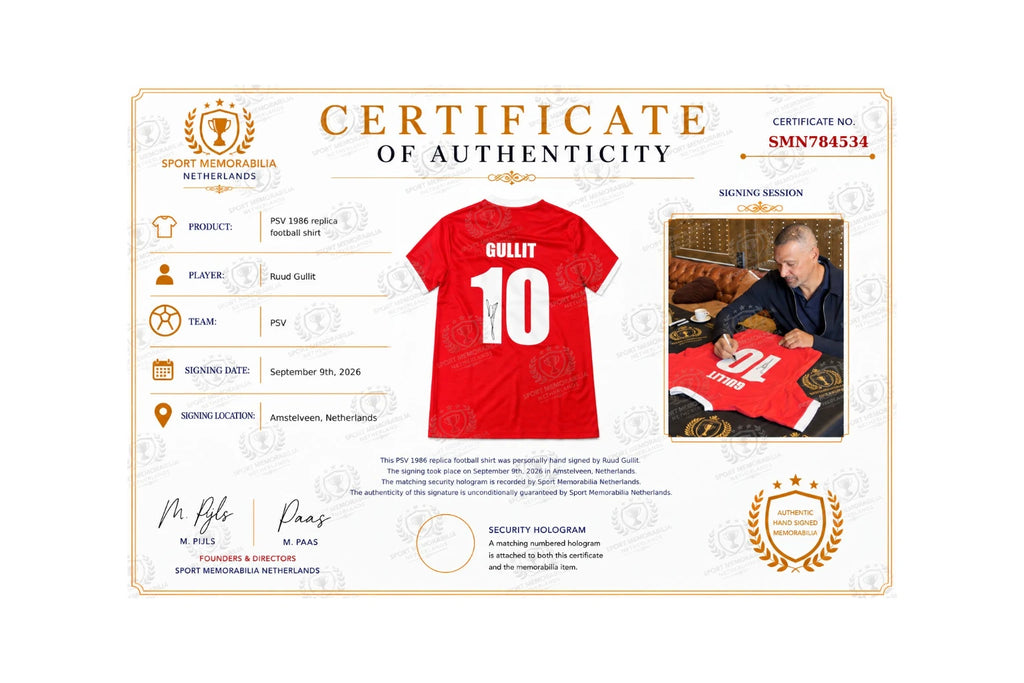 Certificaat van echtheid voor een gesigneerd Ruud Gullit PSV 1986 replica voetbalshirt.