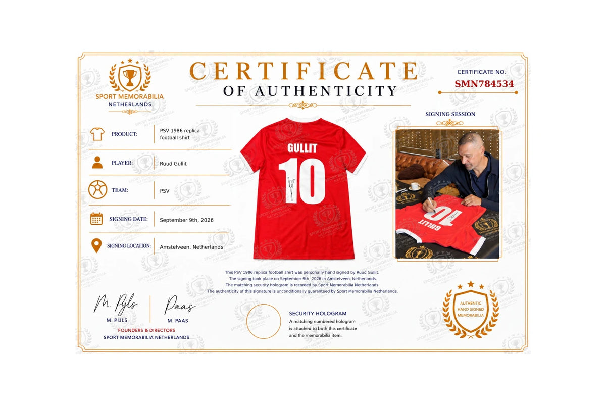 Certificaat van echtheid voor een gesigneerd Ruud Gullit PSV 1986 replica voetbalshirt.