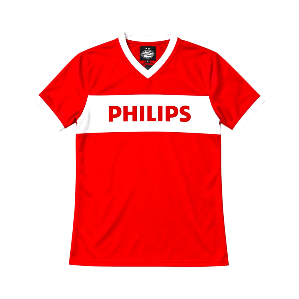 Voorkant van een rood PSV 1986 replica voetbalshirt met witte borstband en Philips sponsor.