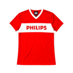 Voorkant van een rood PSV 1986 replica voetbalshirt met witte borstband en Philips sponsor.