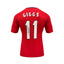 Achterkant van het door Ryan Giggs gesigneerde rode Manchester United voetbalshirt, Champions League-finale 1999, met naam Giggs, rugnummer 11 en zwarte handtekening.