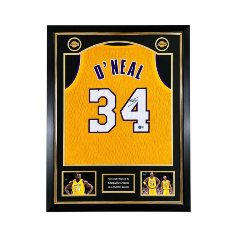 Shaquille O'Neal gesigneerd Los Angeles Lakers basketbalshirt met rugnummer 34, professioneel ingelijst in Deluxe Frame