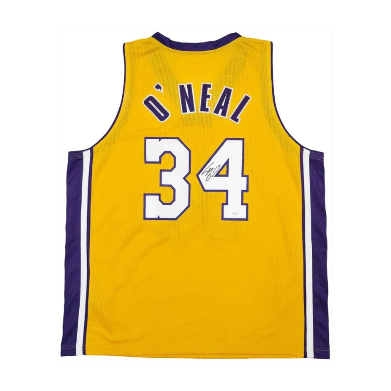 Shaquille O'Neal gesigneerd Los Angeles Lakers basketbalshirt met rugnummer 34, achterkant met handtekening