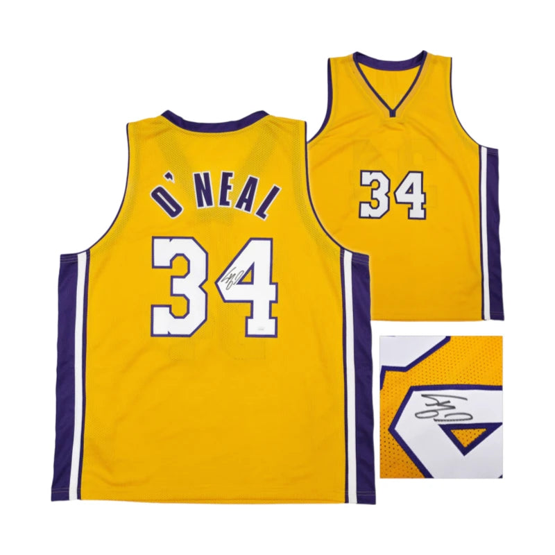 Shaquille O'Neal gesigneerd Los Angeles Lakers basketbalshirt met rugnummer 34, voor- en achterkant met handtekening-detail