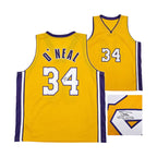 Shaquille O'Neal gesigneerd Los Angeles Lakers basketbalshirt met rugnummer 34, voor- en achterkant met handtekening-detail