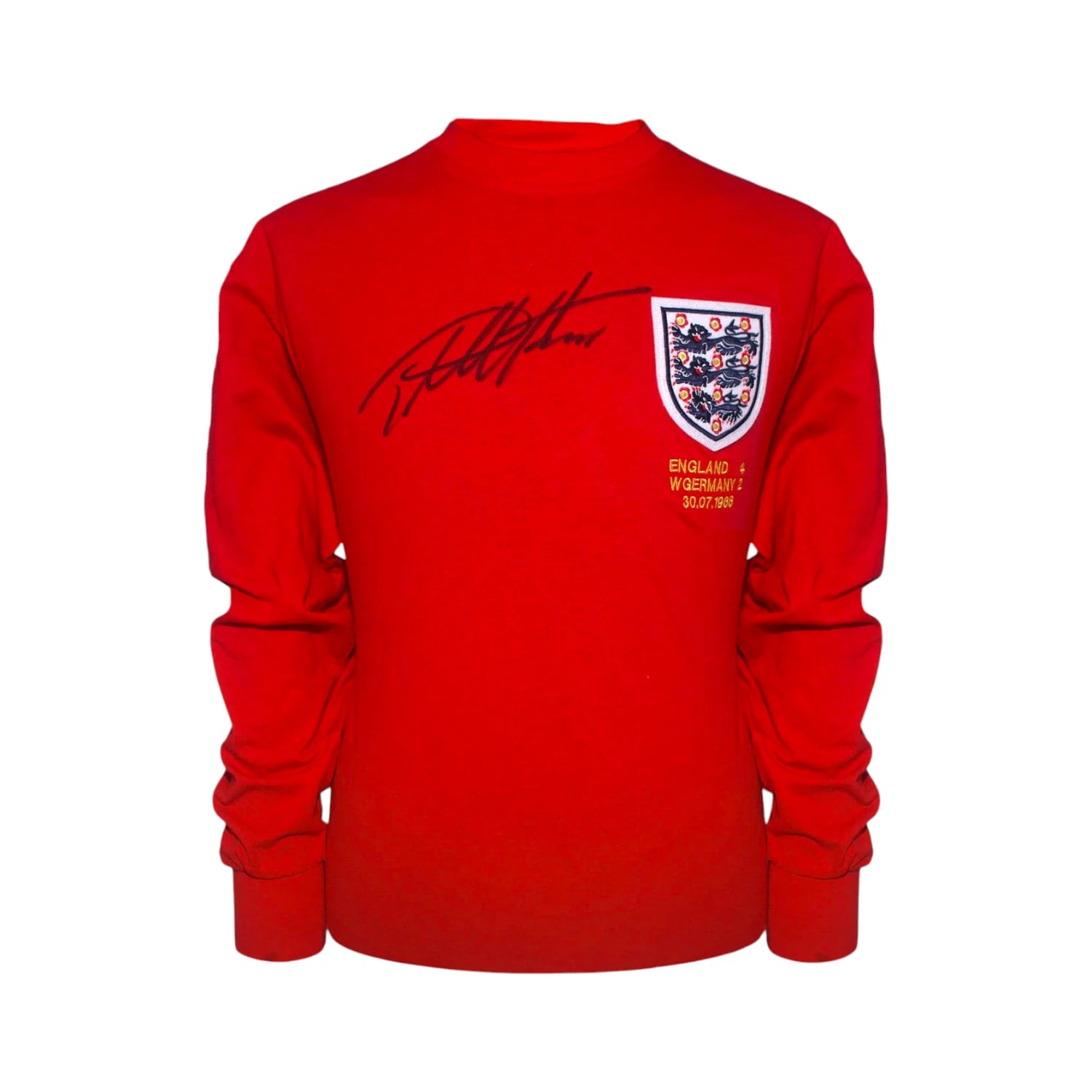 Front view of a red England 1966 World Cup final football shirt signed by Sir Geoff Hurst. Hoofdafbeelding