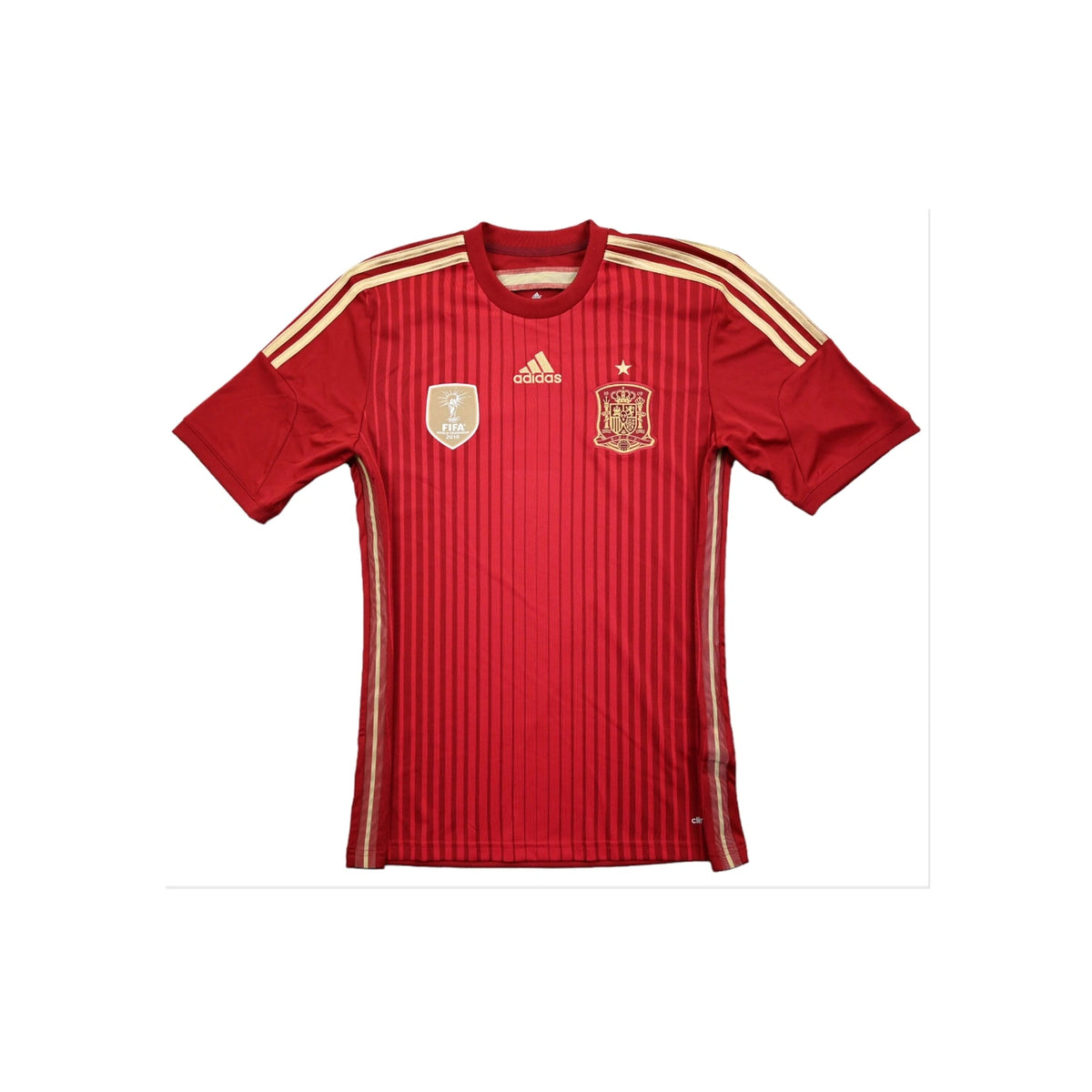 Voorkant van een rood Spanje Adidas voetbalshirt met nationaal embleem, FIFA World Champions 2010-badge en gouden details.