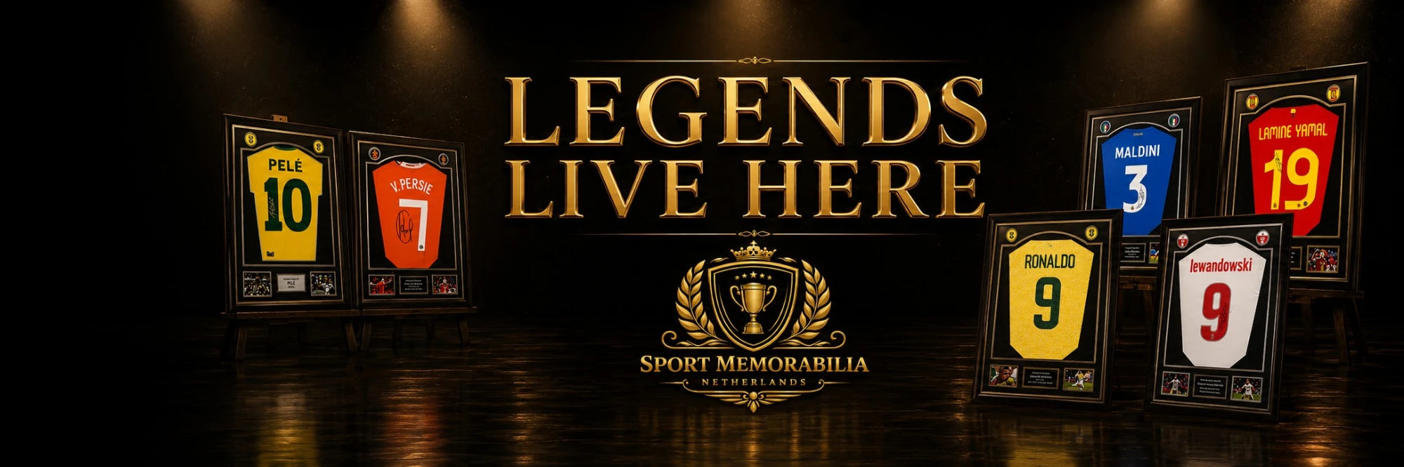 Sport Memorabilia Netherlands banner showing framed signed football shirts with the text Legends Live Here on a black and gold background.