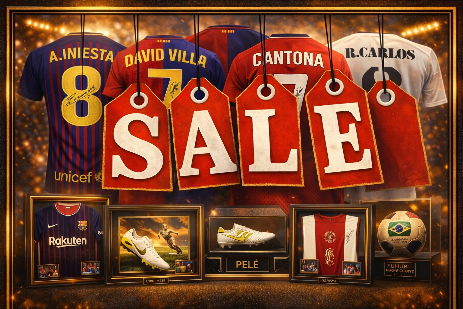 Sport memorabilia sale met gesigneerde voetbalshirts en ingelijste memorabilia