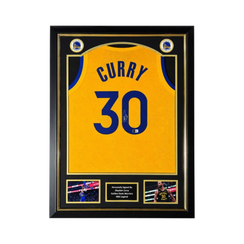 Stephen Curry gesigneerd Golden State Warriors basketbalshirt met rugnummer 30, professioneel ingelijst in Deluxe Frame