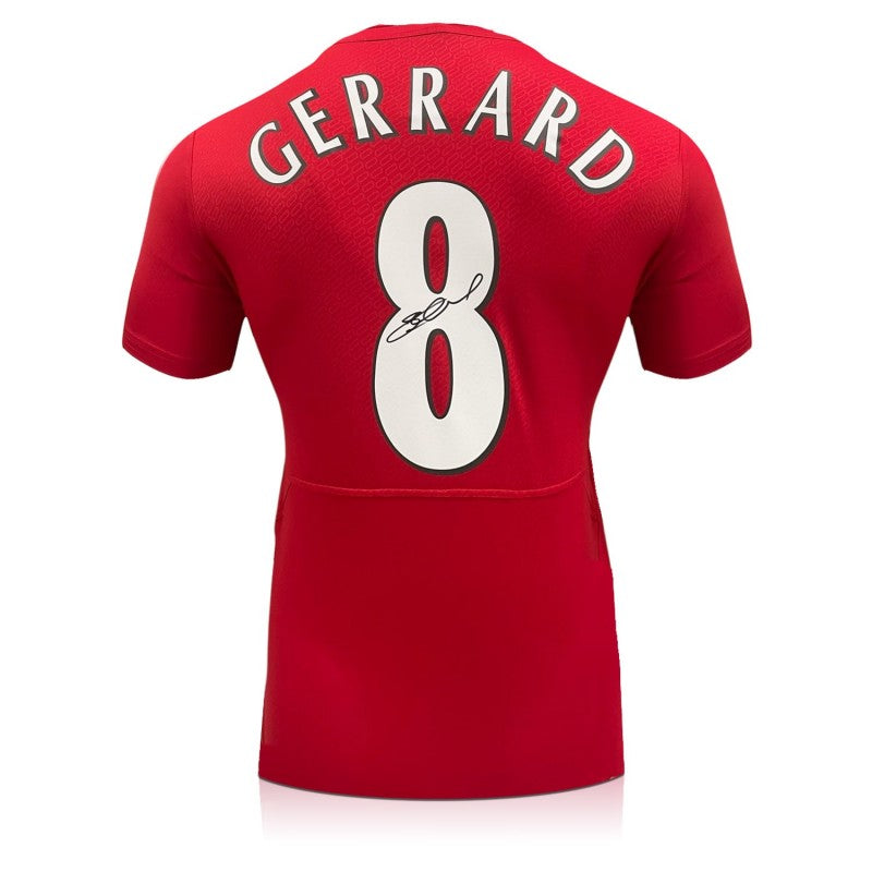Authentiek Liverpool shirt gesigneerd door Steven Gerrard met nummer 8. Exclusieve voetbalmemorabilia met originele handtekening – Sport Memorabilia Netherlands.