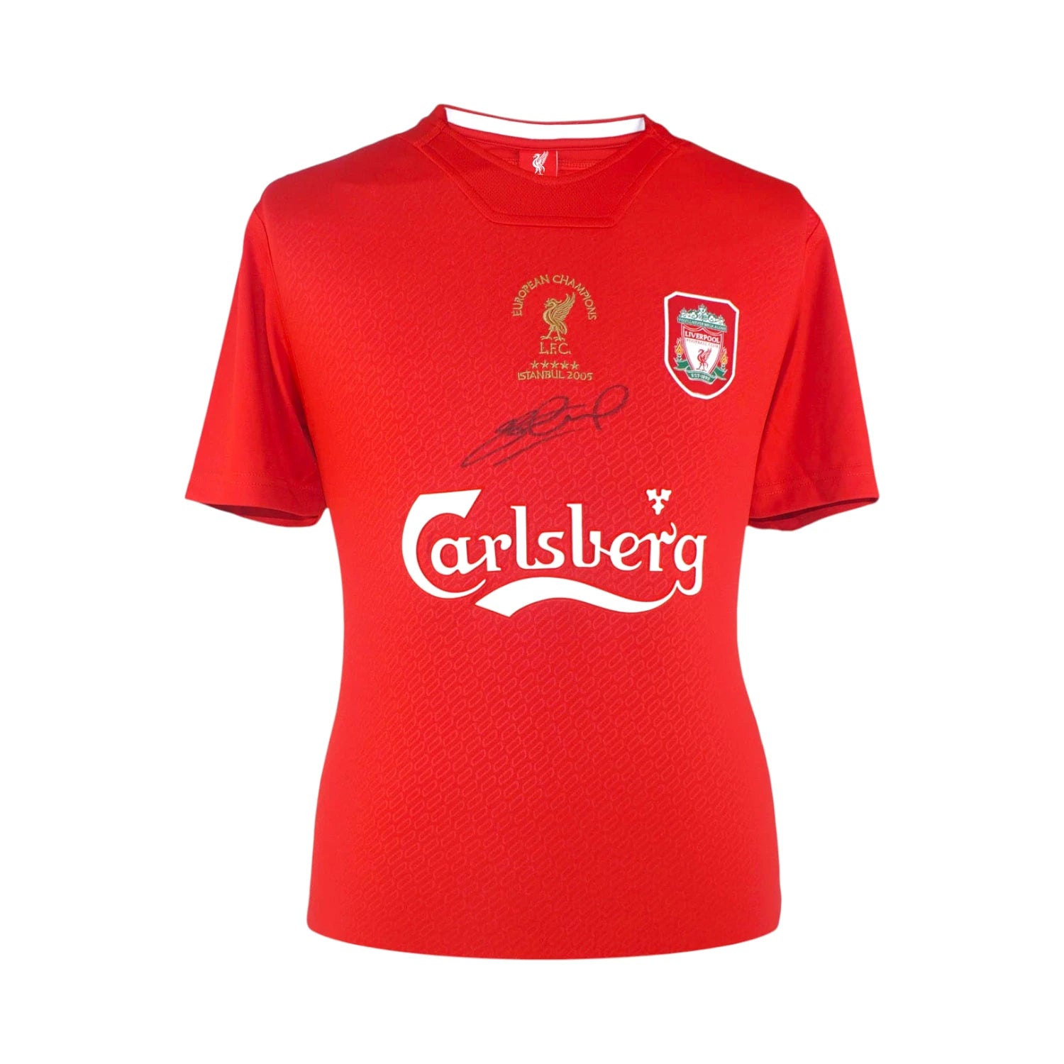 Front view of the Liverpool 2005 Champions League football shirt signed by Steven Gerrard. Hoofdafbeelding