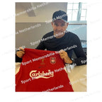 Signing proof of Steven Gerrard signing an official Liverpool 2005 Champions League football shirt.