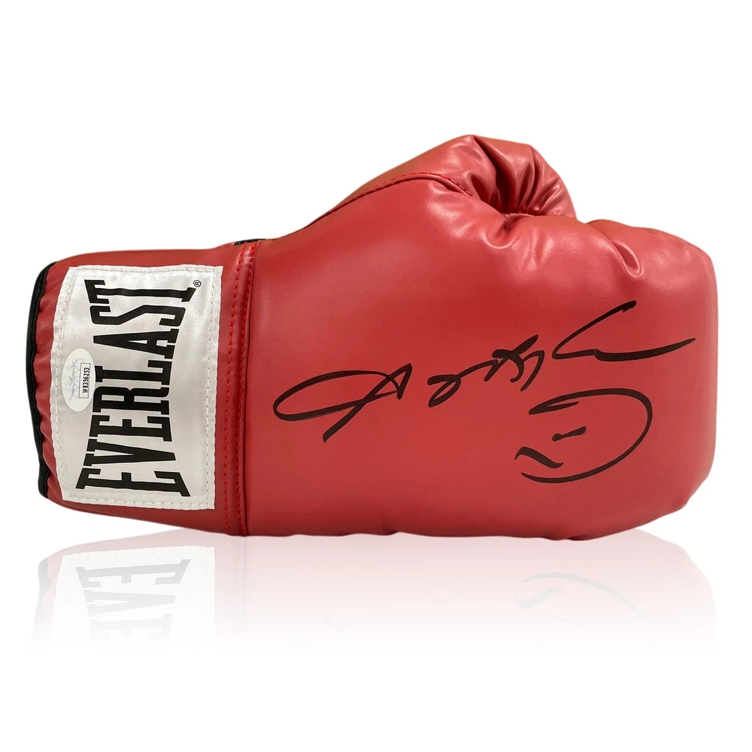 Red Everlast boxing glove signed by Sugar Ray Leonard with black signature and smiley face inscription. Main image