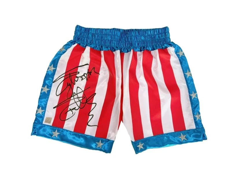 Rood-wit-blauwe Rocky Balboa boksbroek gesigneerd door Sylvester Stallone. Hoofdafbeelding