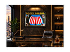 Ingelijste Rocky Balboa-boksbroek gesigneerd door Sylvester Stallone, gepresenteerd in een luxe kantoorinterieur.