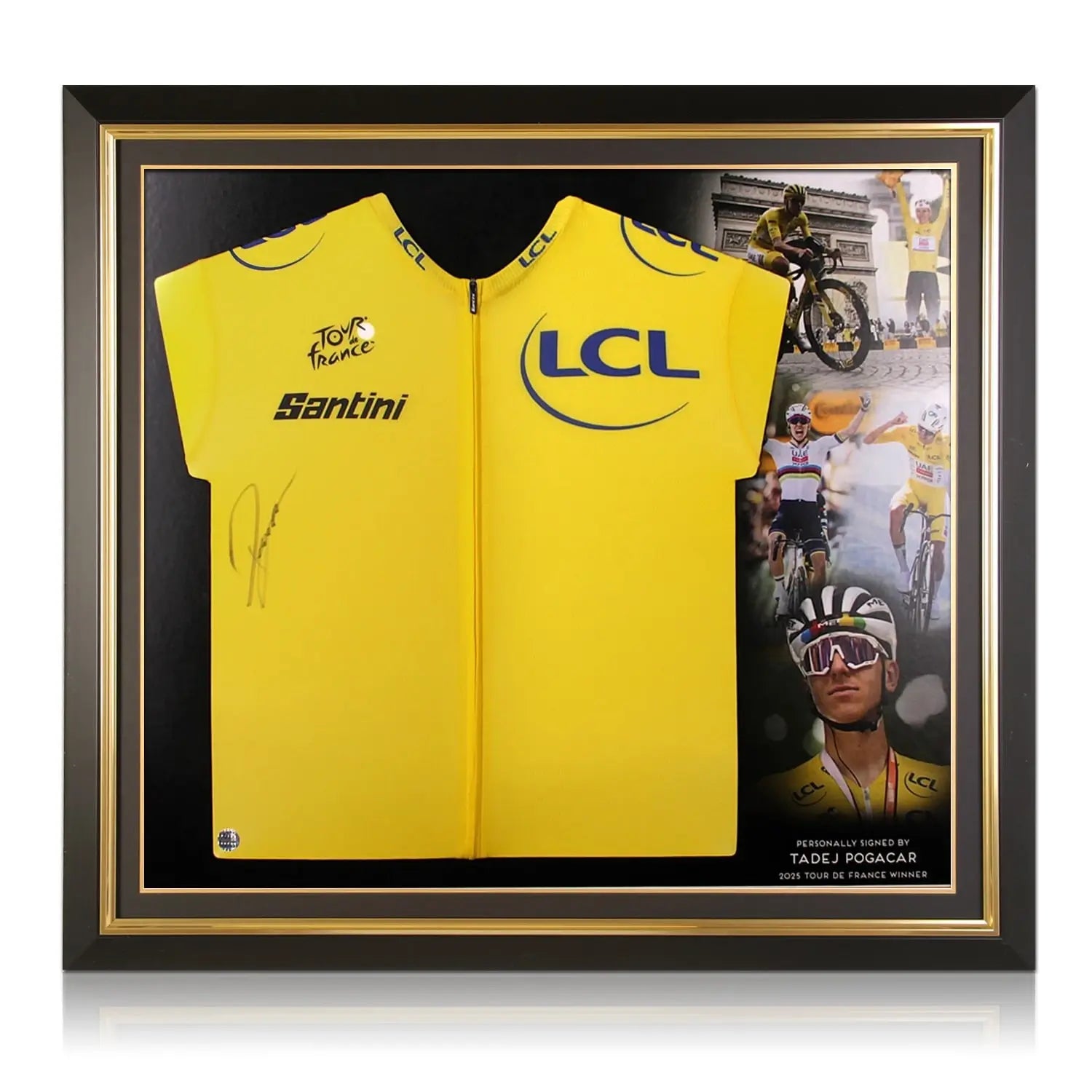 Ingelijste Tour de France 2025 gele trui gesigneerd door Tadej Pogačar