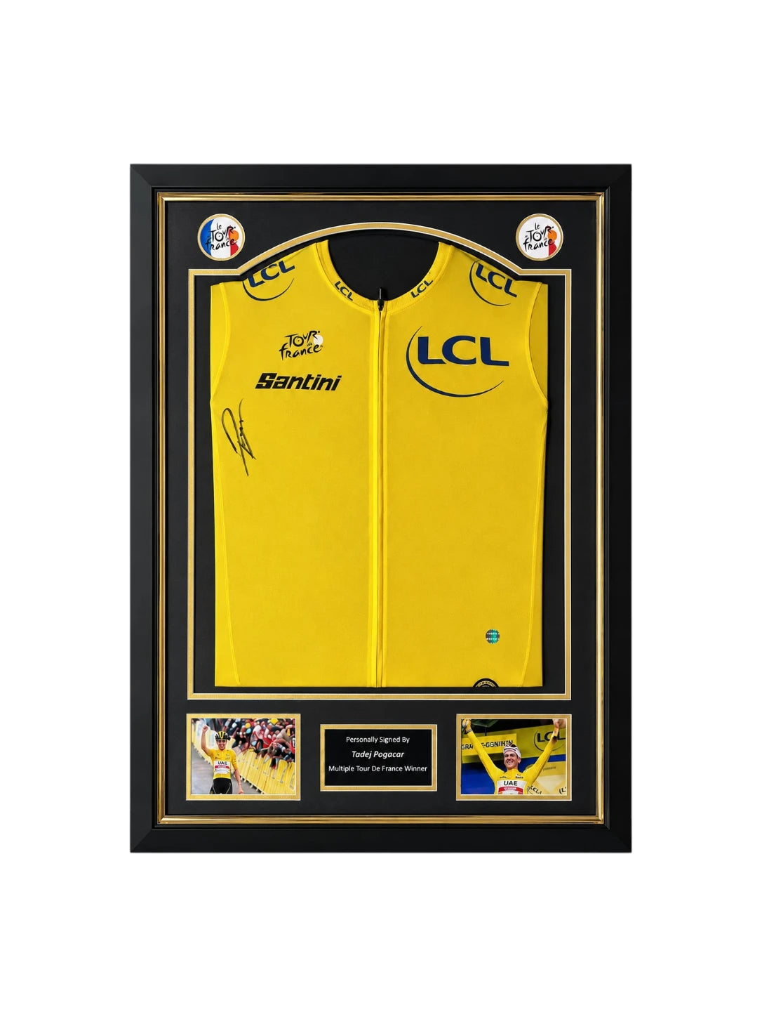 Framed Tour de France 2025 yellow jersey signed by Tadej Pogačar, professionally displayed with two cycling action photos. Main image