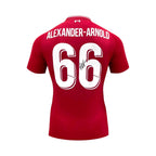 Back of a red Liverpool 2018-19 number 66 football shirt signed by Trent Alexander-Arnold on the white number.