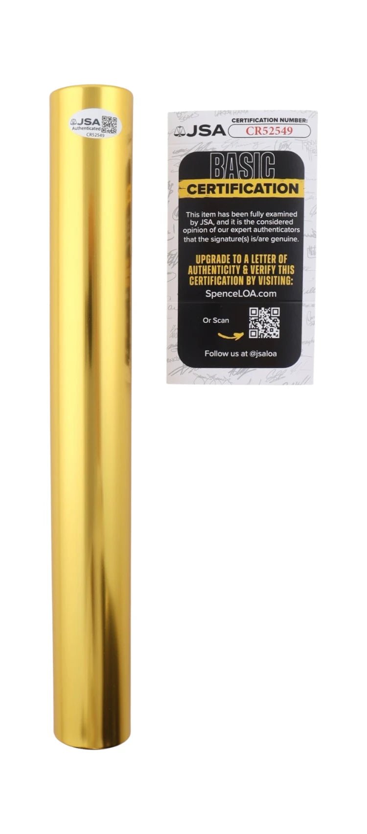 Gouden estafettestok van Usain Bolt met JSA-authenticiteitssticker en certificaat van echtheid.