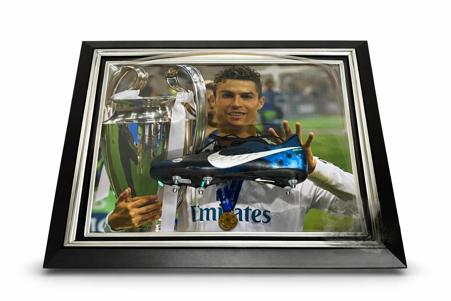 Ingelijste gesigneerde voetbalschoen display voor sportmemorabilia mancave