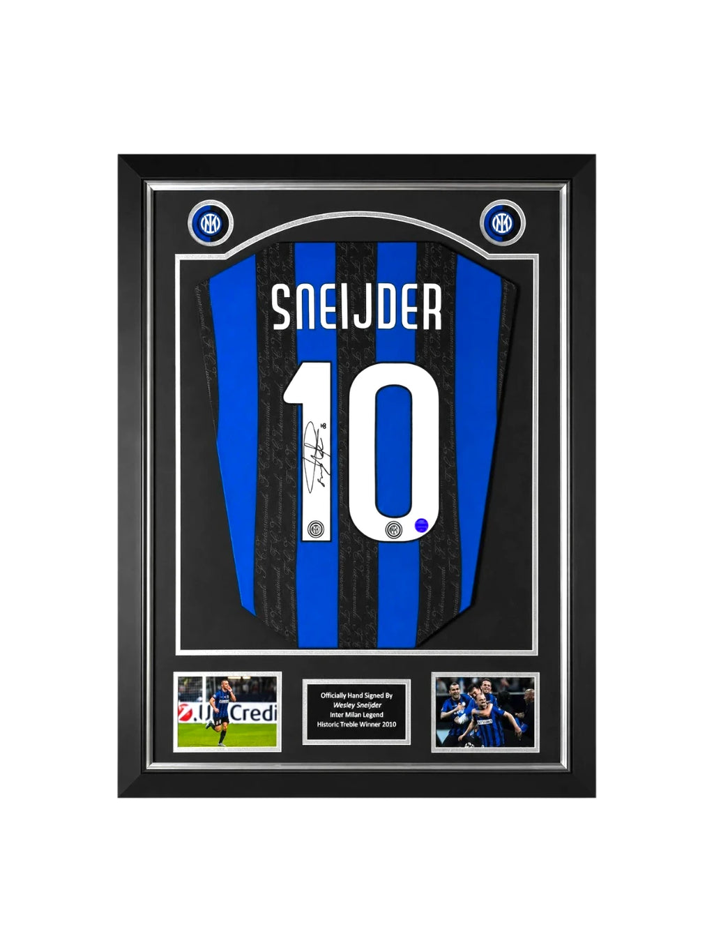Wesley Sneijder signed Inter Milan football shirt number 10 displayed in a black and silver presentation frame.