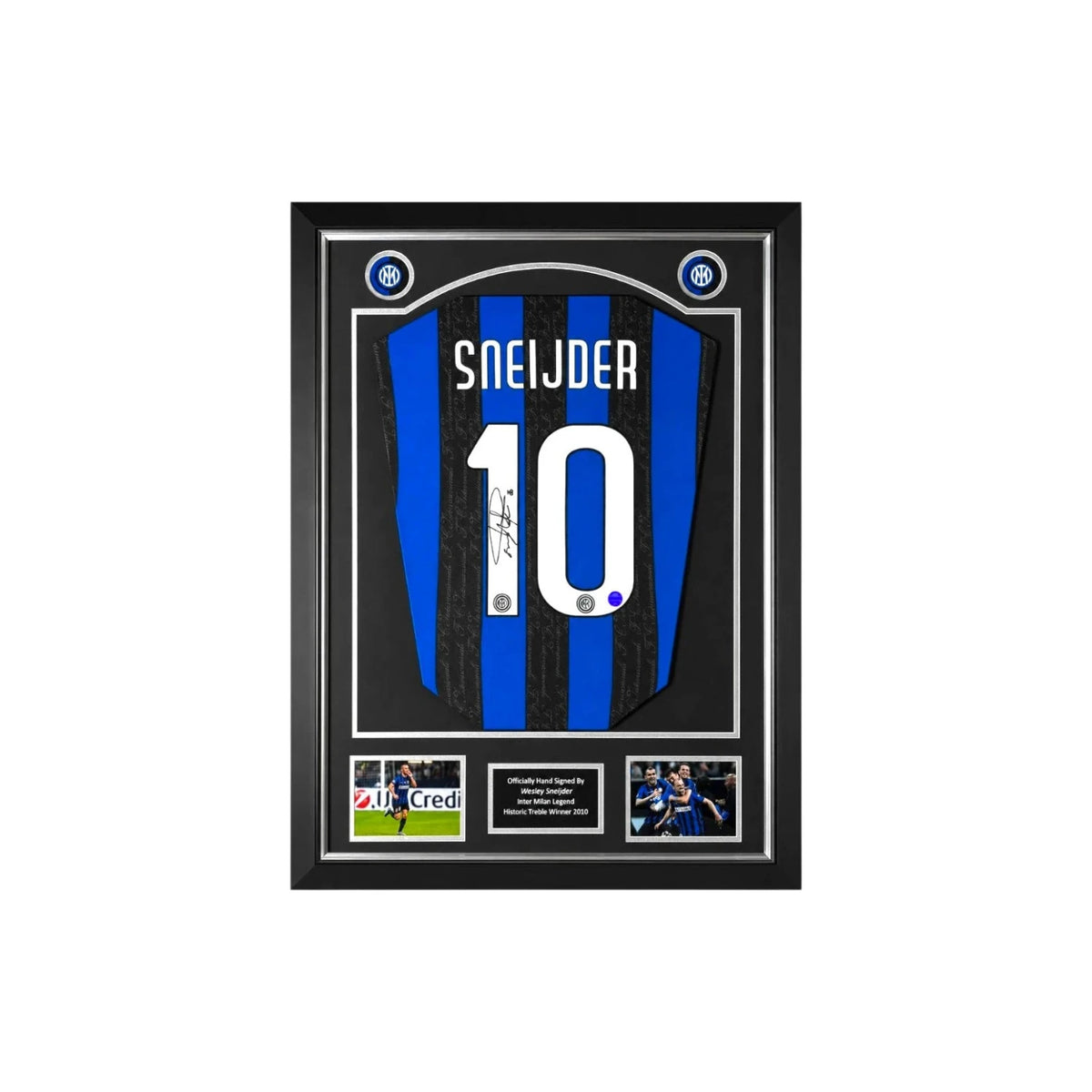 Wesley Sneijder signed Inter Milan football shirt number 10 displayed in a black and silver presentation frame. Hoofdafbeelding