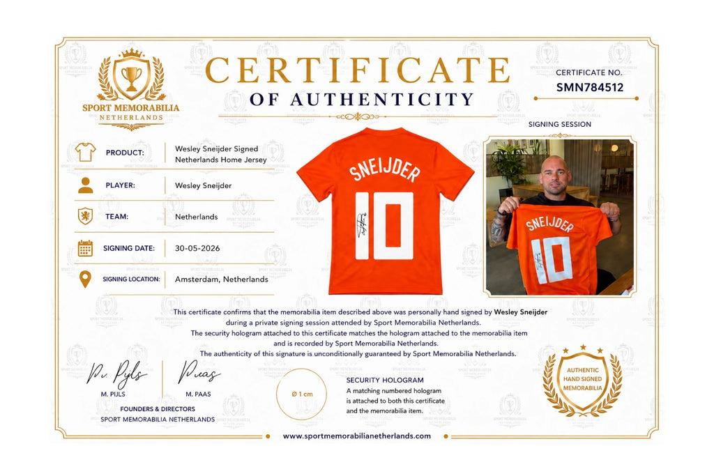 Certificate of authenticity for a Wesley Sneijder signed Netherlands football shirt number 10 with signing session proof photo.