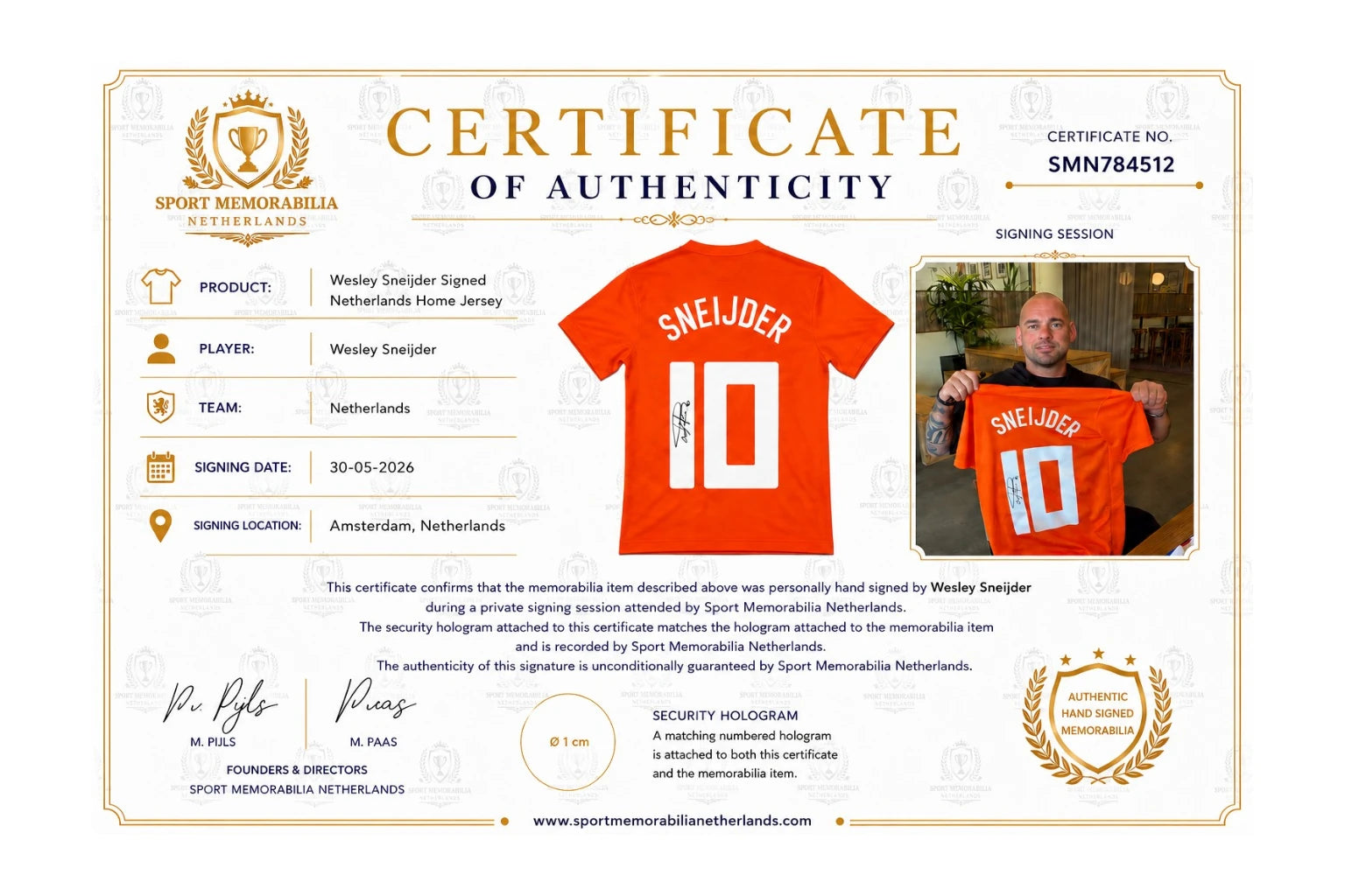 Certificate of authenticity for a Wesley Sneijder signed Netherlands football shirt number 10 with signing session proof photo.