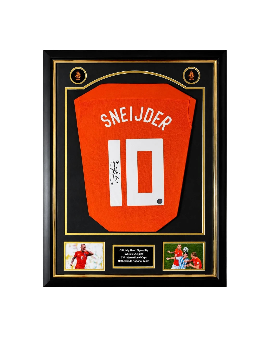 Wesley Sneijder signed Netherlands football shirt number 10 displayed in a black and gold presentation frame.