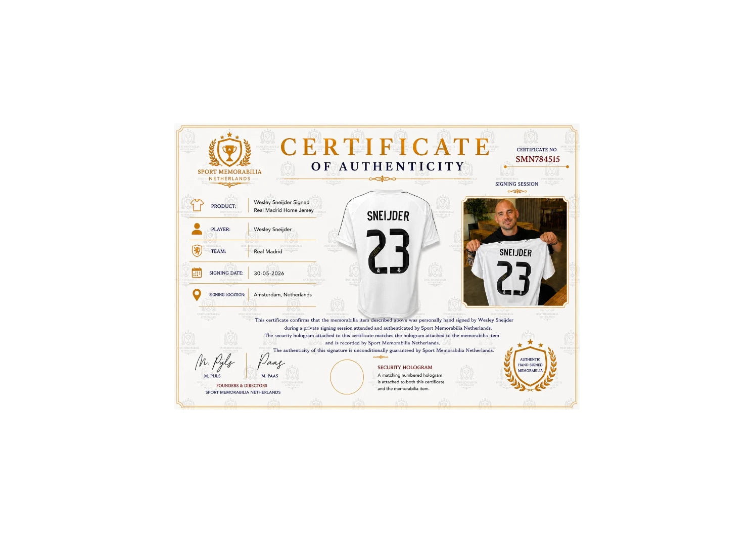Certificate of authenticity for a Wesley Sneijder signed Real Madrid football shirt number 23 with signing session proof photo