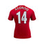 Achterkant van het rode Liverpool 2005 replica voetbalshirt van Xabi Alonso, met wit rugnummer 14 en zwarte handtekening op het rugnummer.
