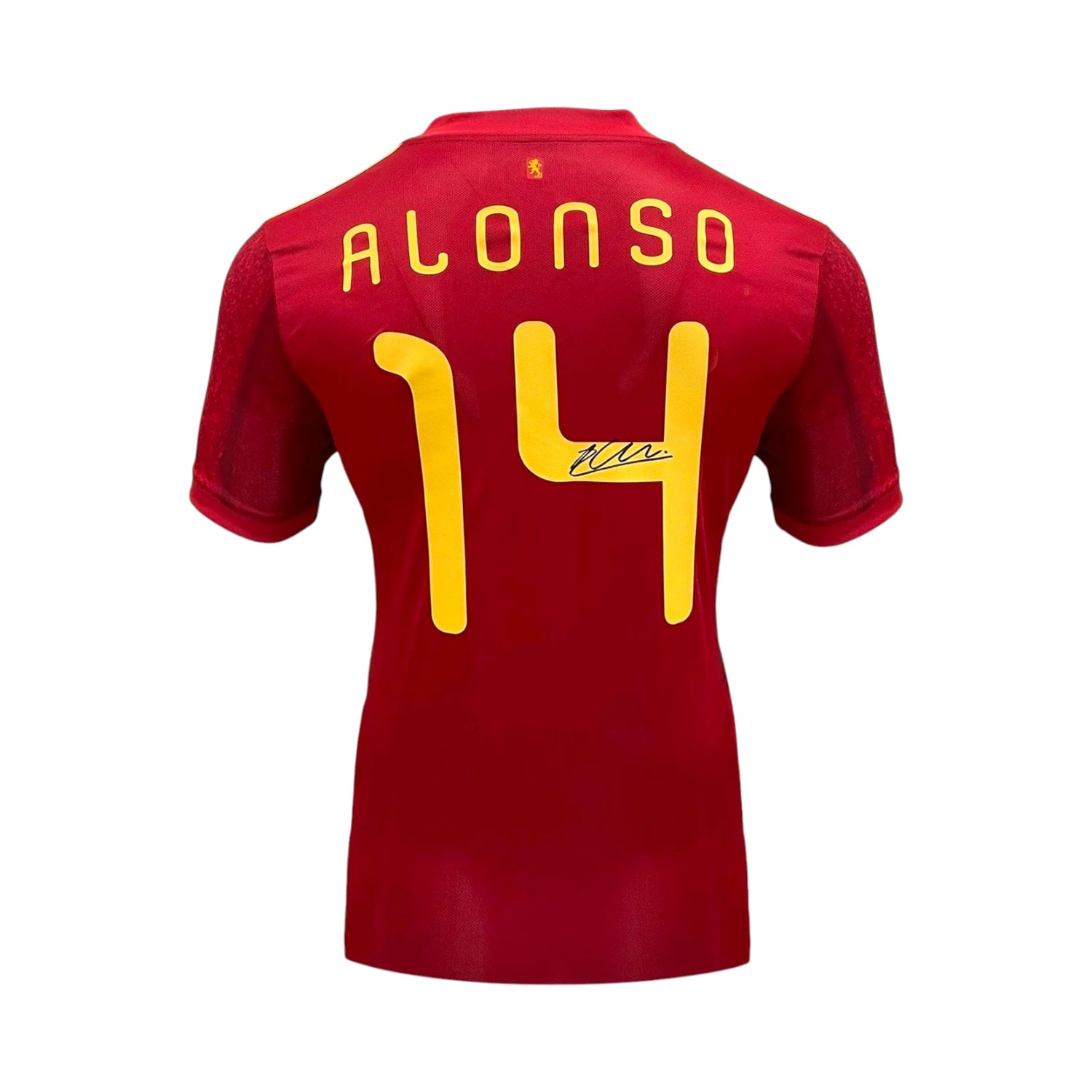 Back of a red Spain number 14 football shirt signed by Xabi Alonso across the yellow number. Main image