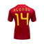 Back of a red Spain number 14 football shirt signed by Xabi Alonso across the yellow number.