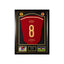 Deluxe ingelijst Spanje nummer 8 voetbalshirt gesigneerd door Xavi Hernández met actiefoto’s, naamplaatje en verwijzing naar het WK 2010 en EK 2008 en 2012.