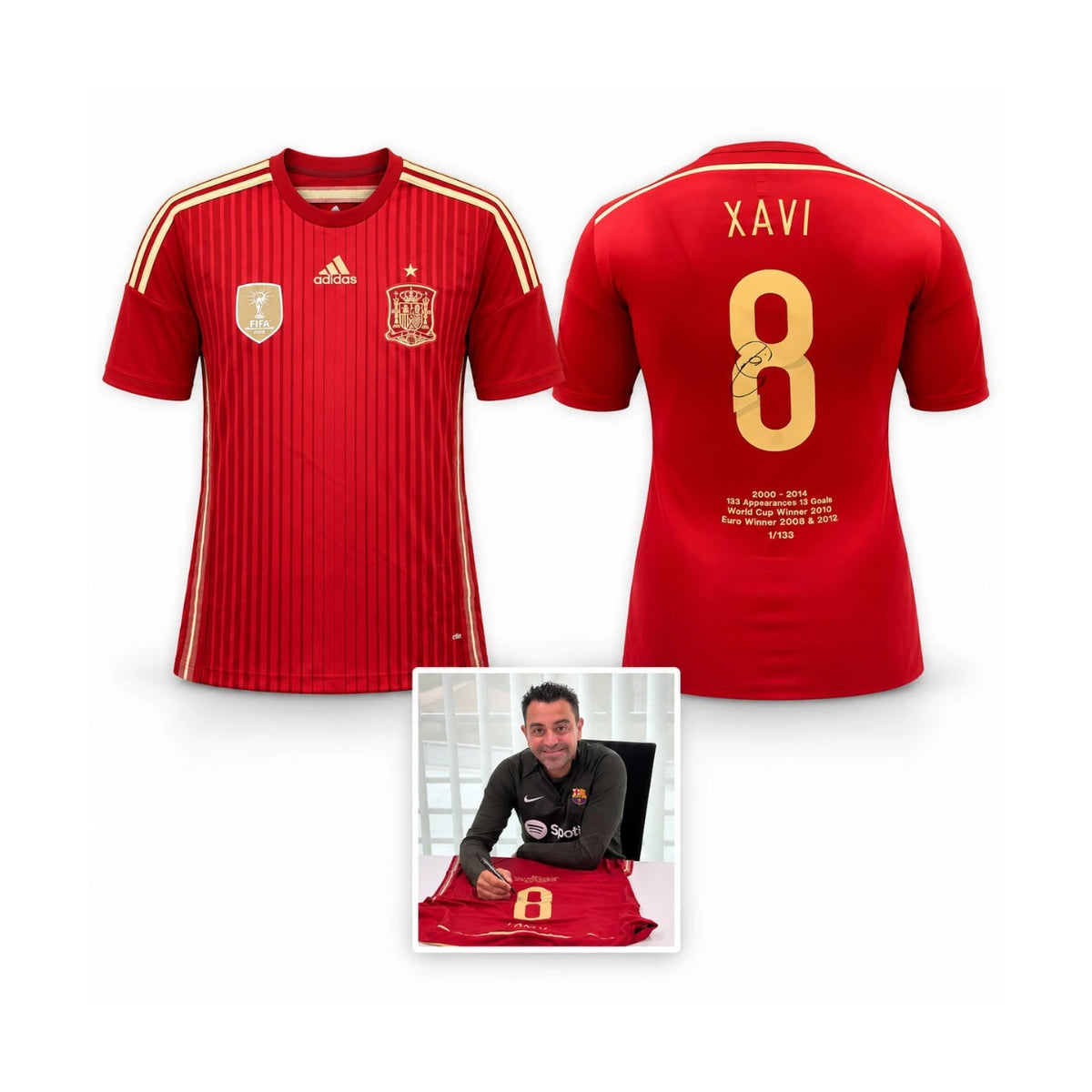 Rood Spanje nummer 8 voetbalshirt gesigneerd door Xavi Hernández, met voor- en achterkant en foto van het signeermoment.