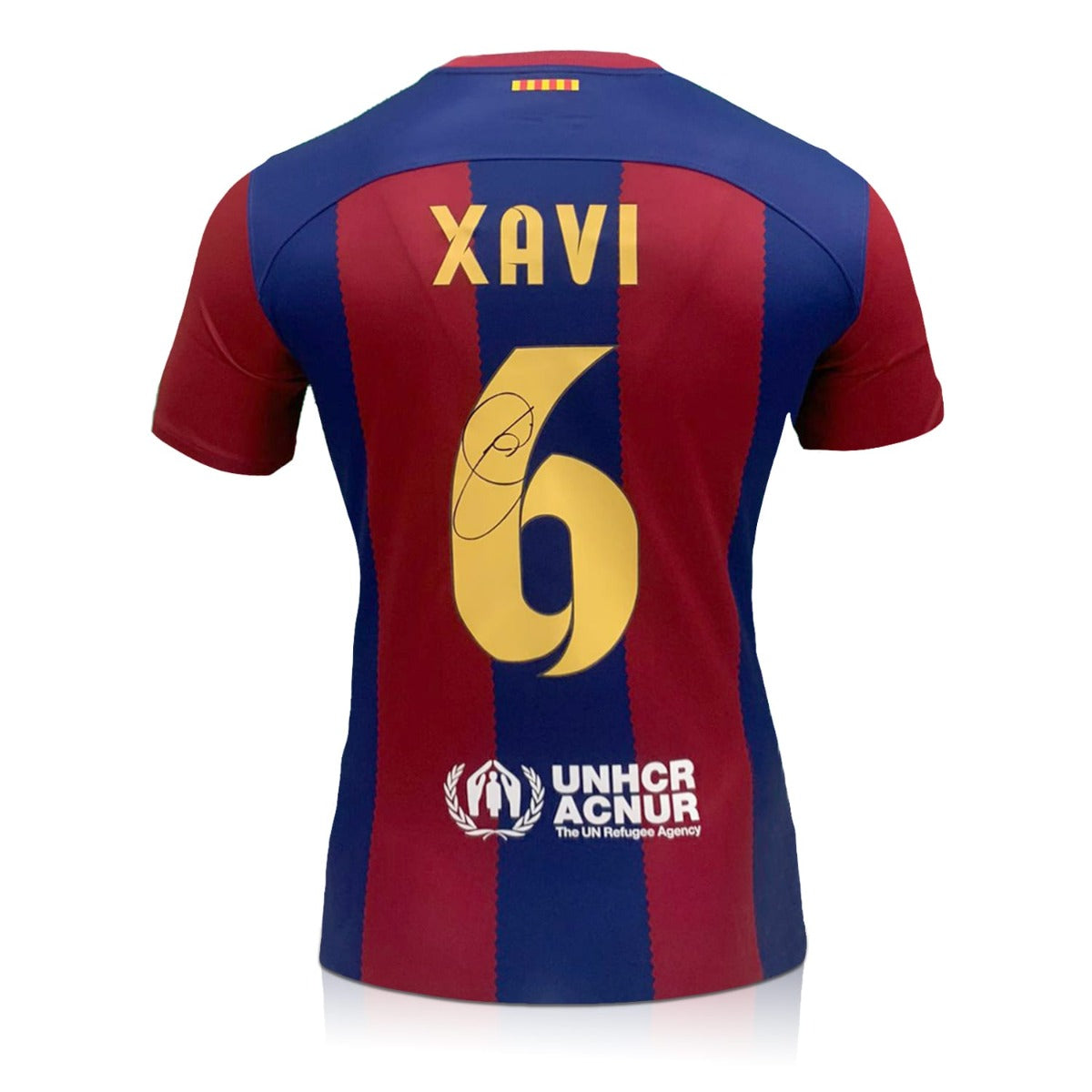 Gesigneerd FC Barcelona shirt van Xavi Hernández (nummer 6) – Barcelona 2023-24 thuisshirt met handtekening op de rug.