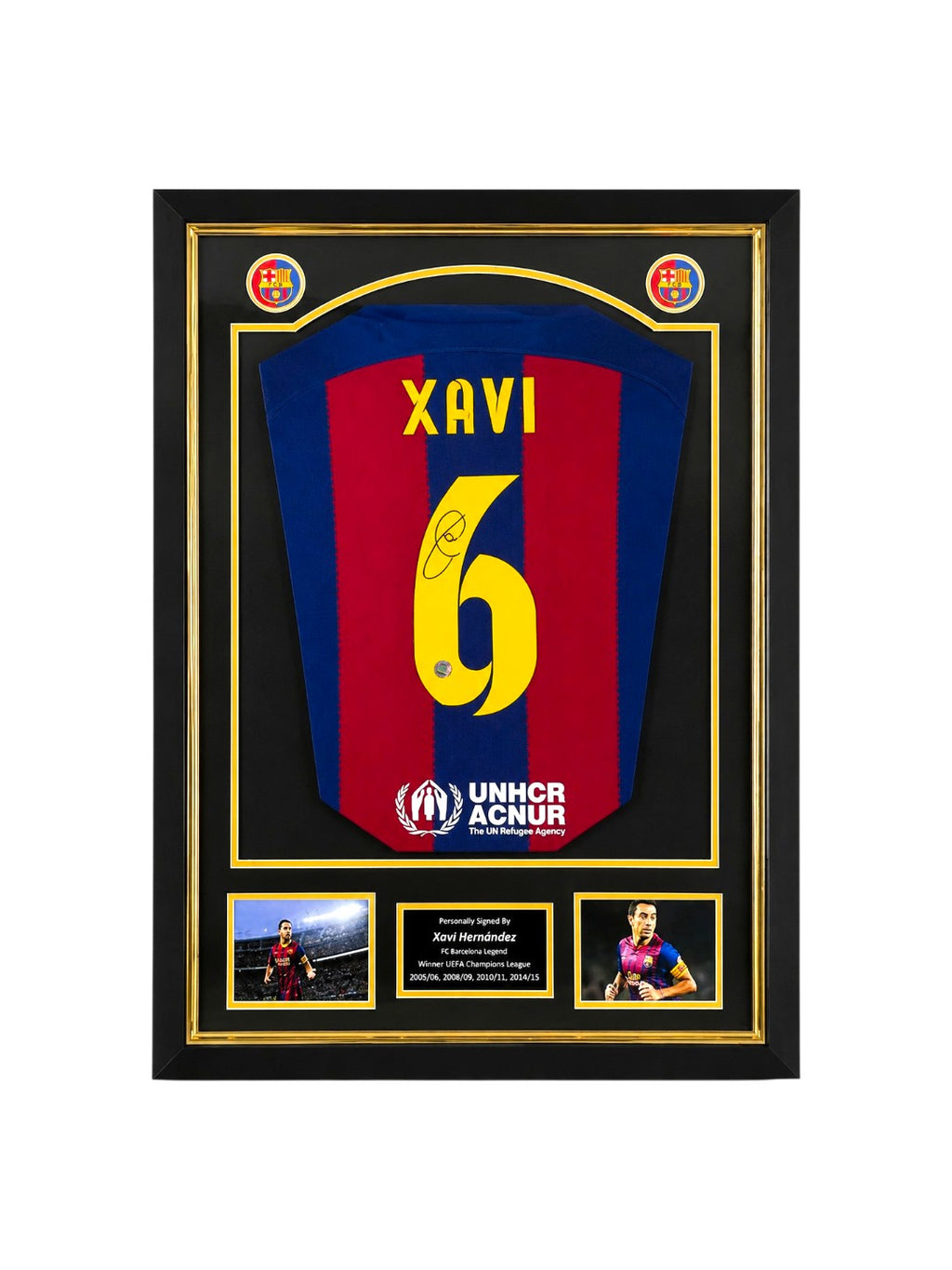 Xavi Hernandez signed FC Barcelona football shirt number 6 displayed in a black and gold presentation frame.